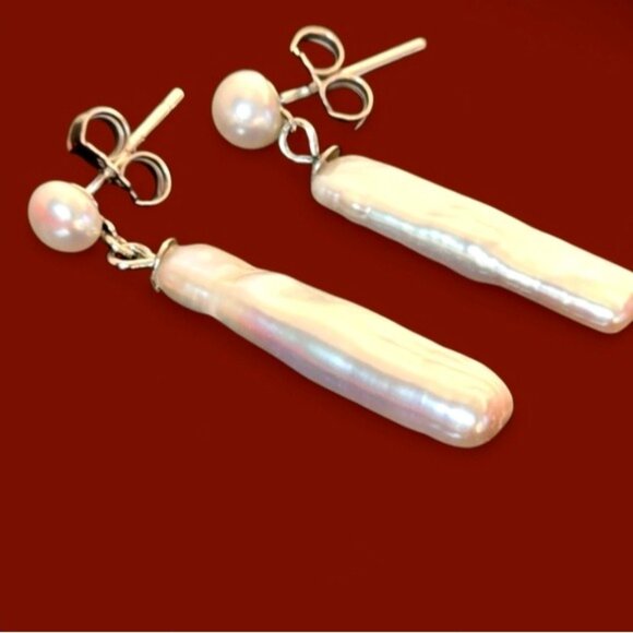 925 Sterling Silver Dangling Earrings with   Cultured Freshwater White Pearls. - Picture 1 of 8